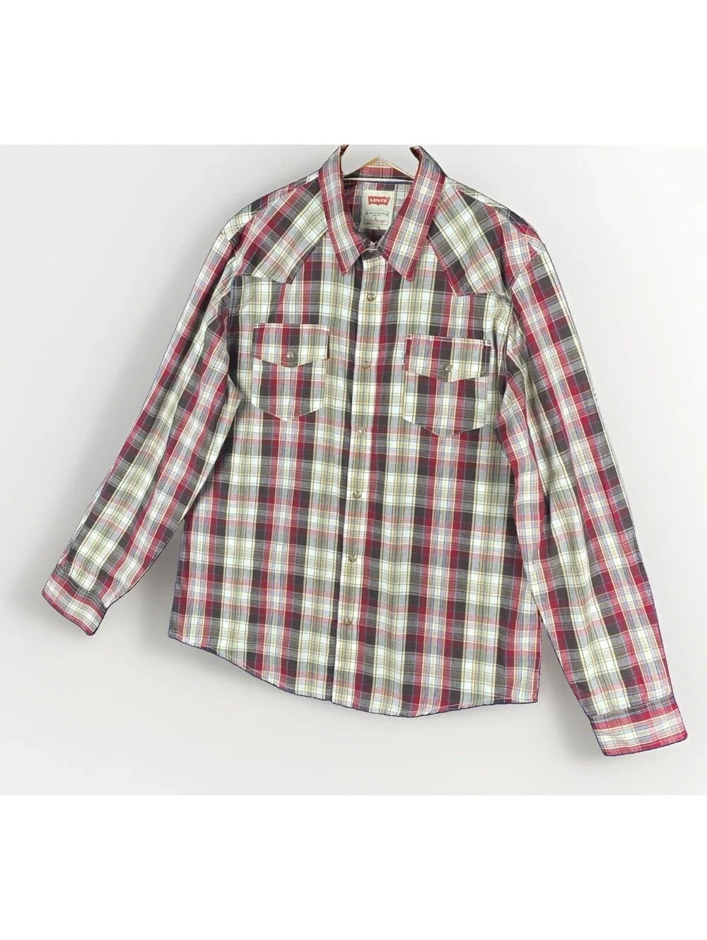 Levis Pearl Snap Shirt Red Plaid Modern Fit Western Button Down Men's Sz. Large